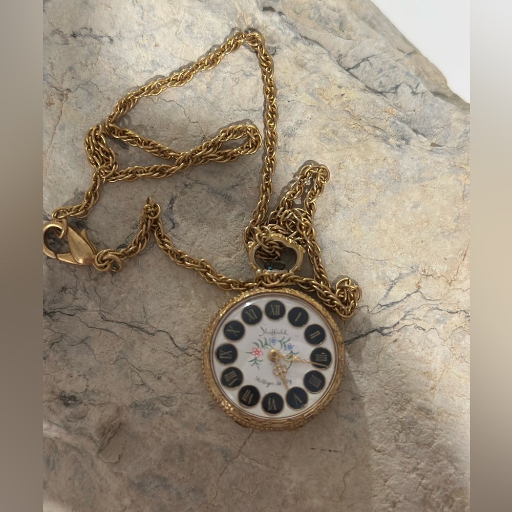 Sheffield Vintage Gold Chain Necklace with Black and White Watch Pendant